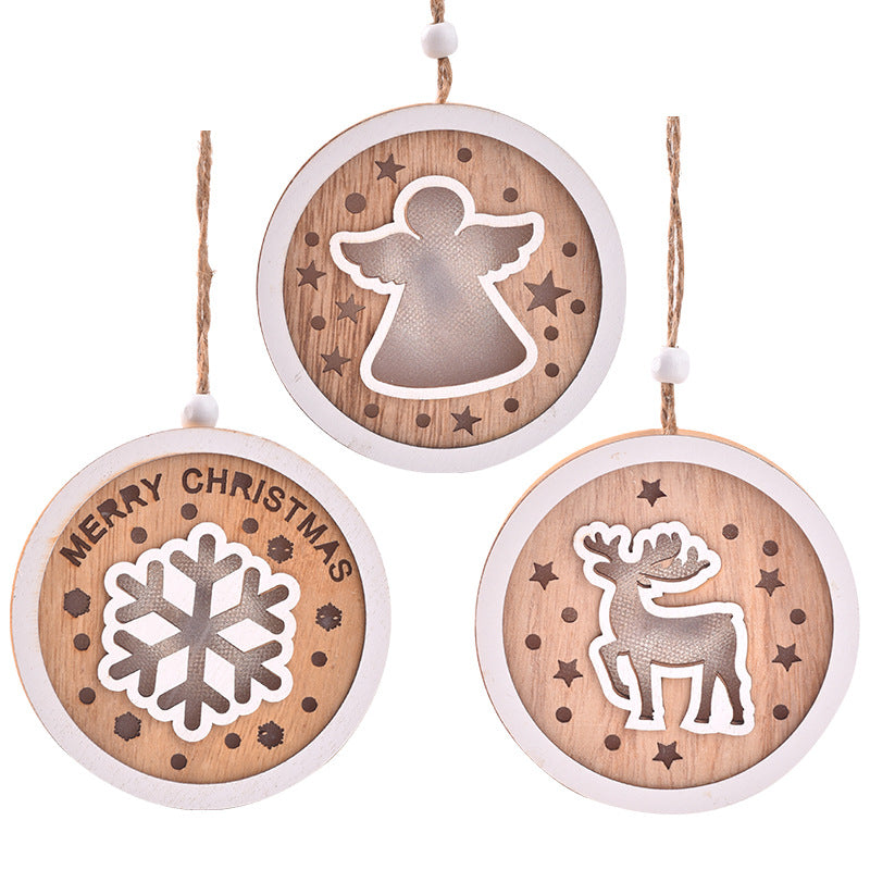 Christmas wooden painted Christmas circular light pendant creative hollow Christmas tree decoration with lights hanging
