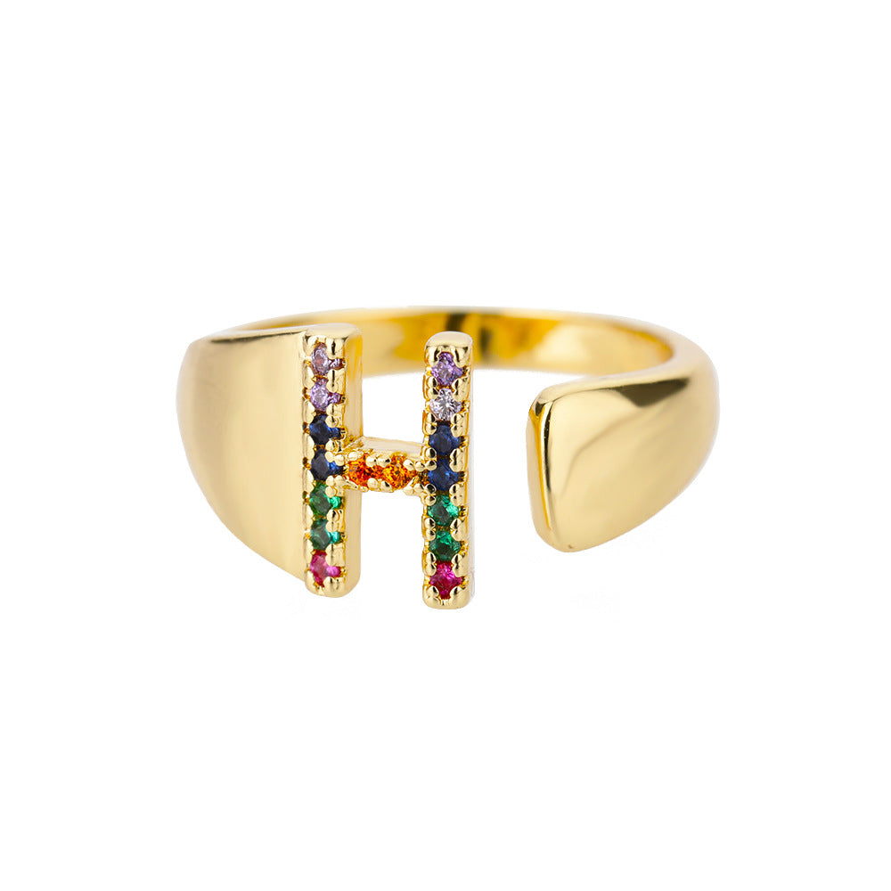 18K Gold Plated Micro Pave Colorful Zircon Letter Ring with 26 Letters Open Design