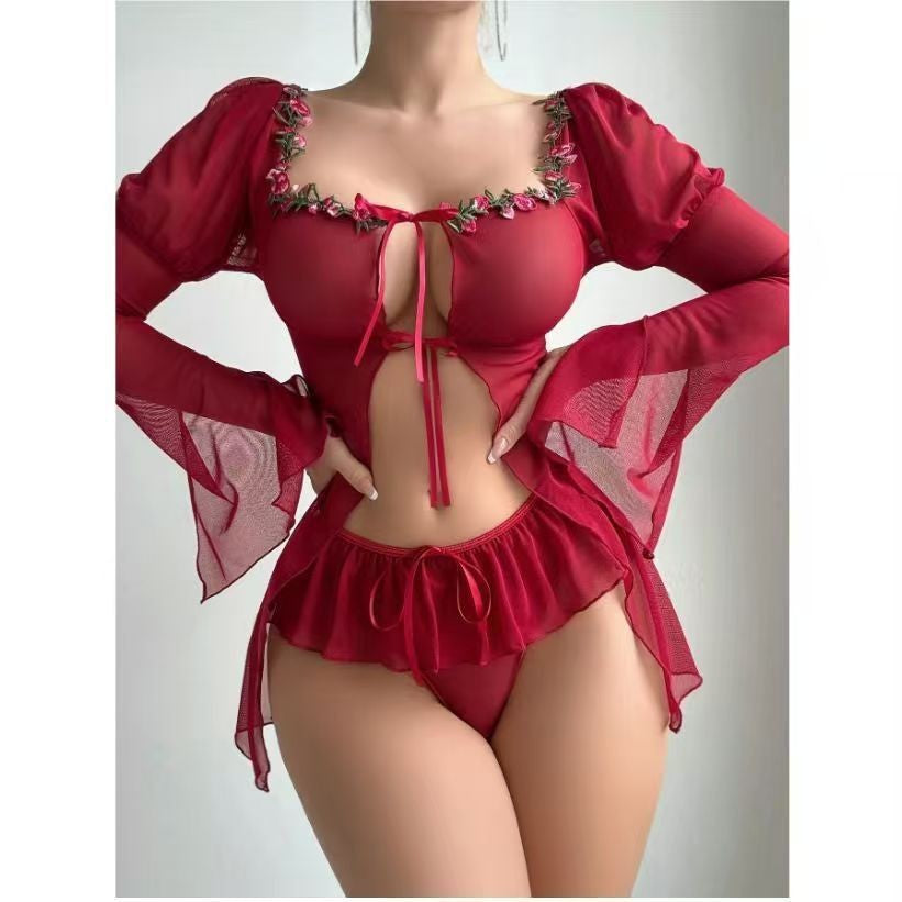 Strap Sleep Dress Erotic Lingerie Sleepwear Embroidered Design