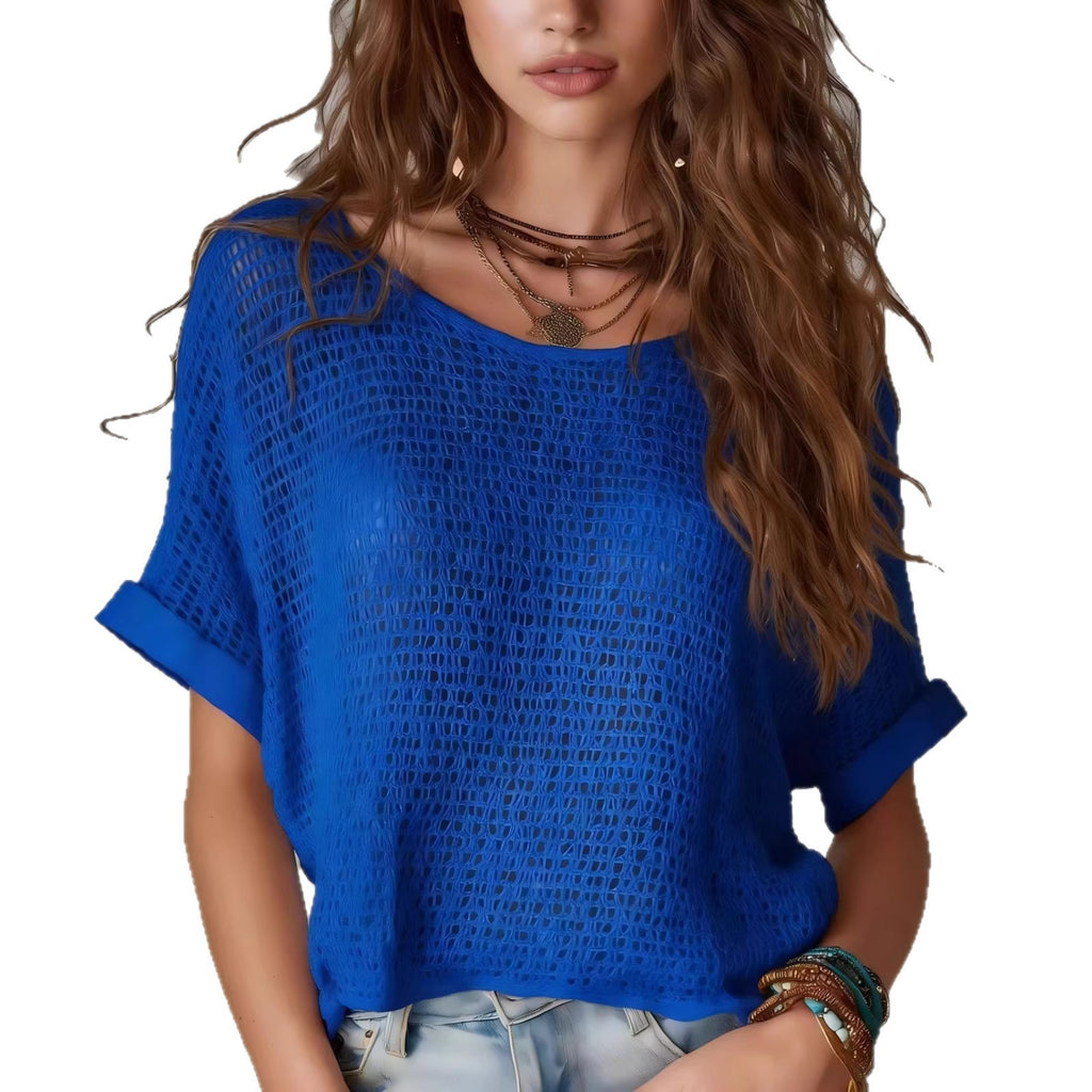 Women's new boho crochet knit solid color short sleeve sweater