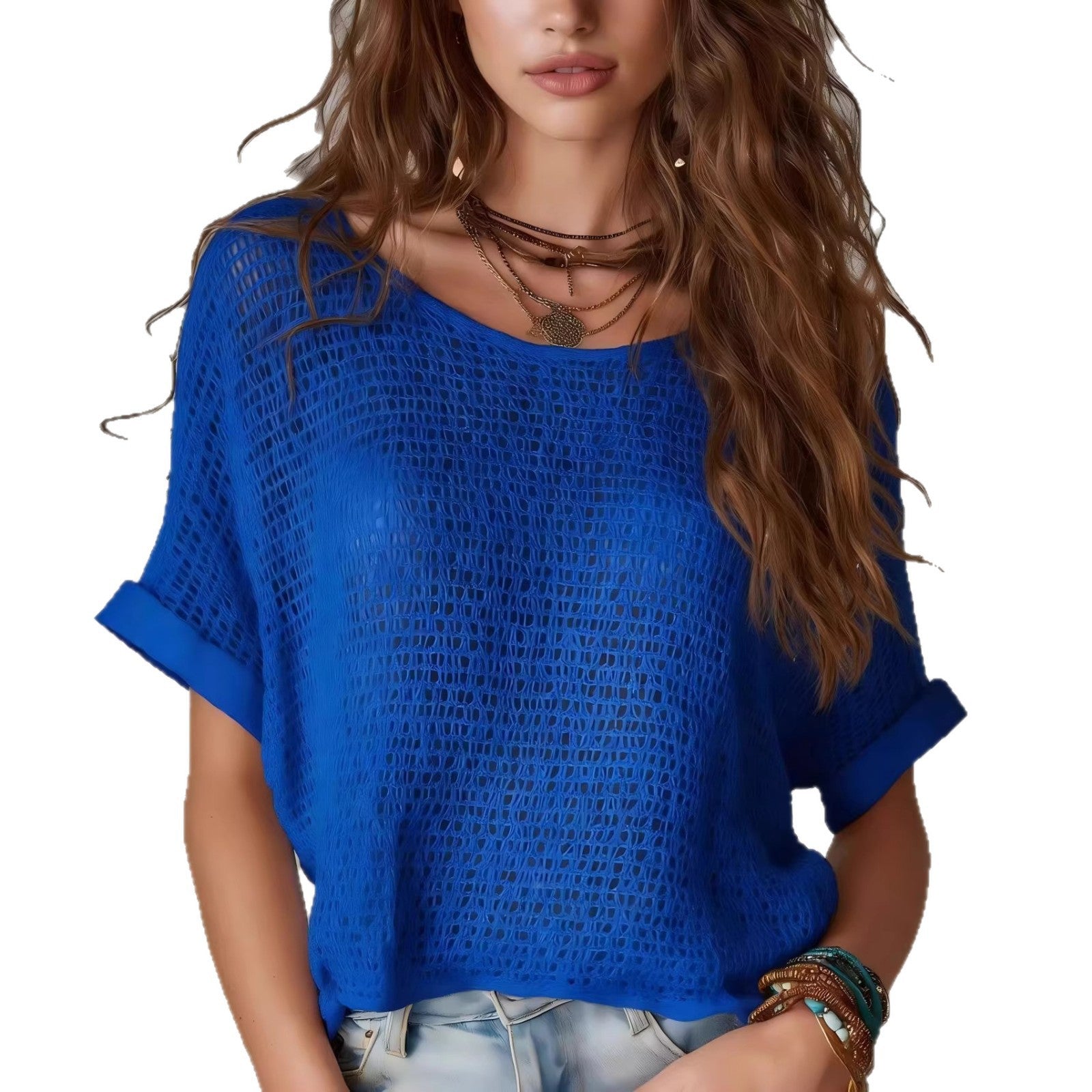 Women's new boho crochet knit solid color short sleeve sweater