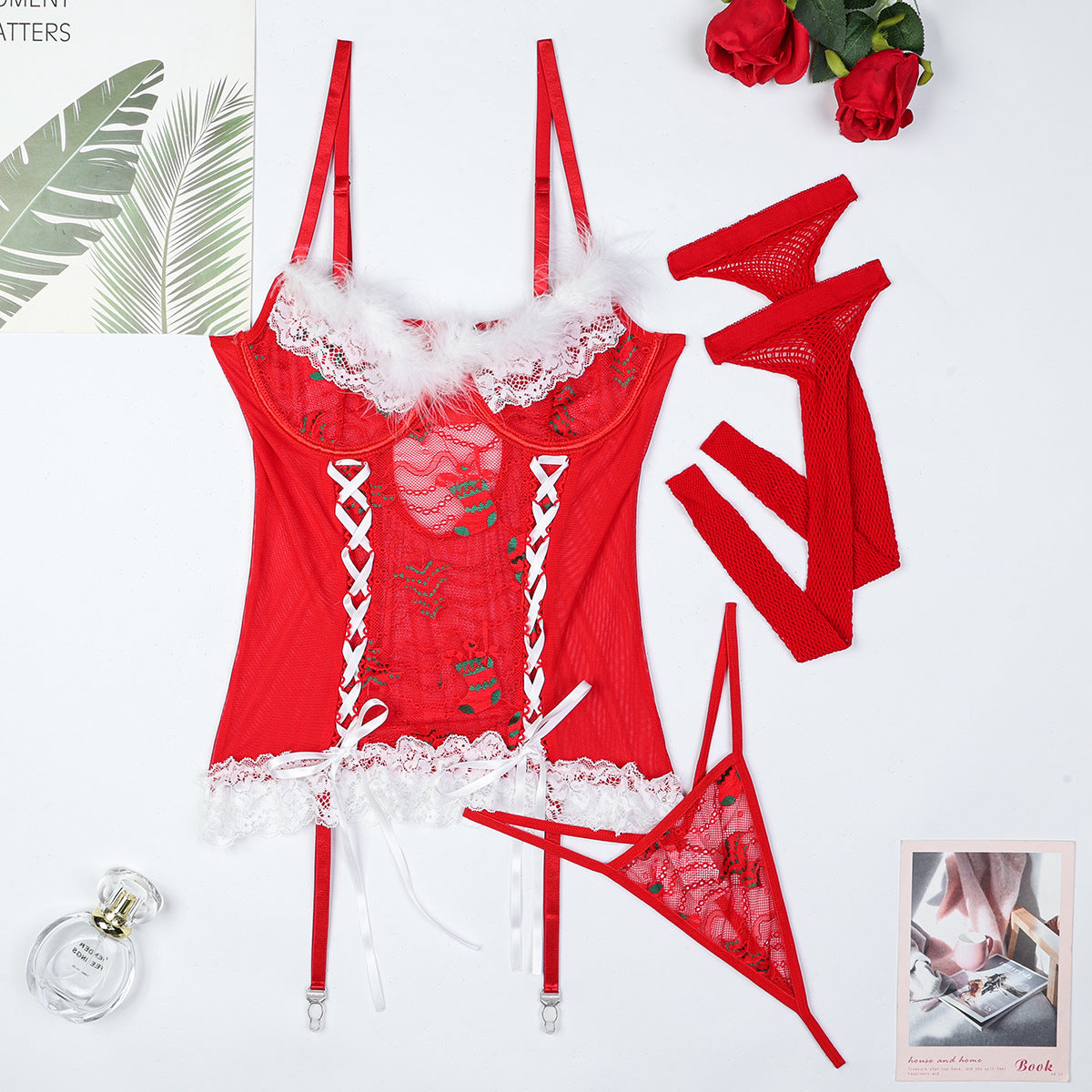 Christmas Red Lace Cross-Band Feather Strap Three-Piece Set