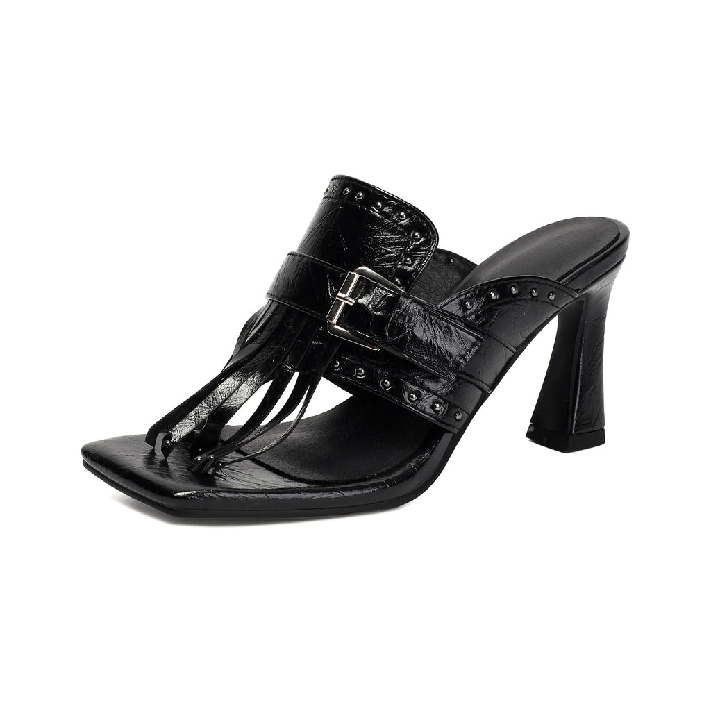 Spring New Style Outdoor Sandals with Studs and Fringes, Square Toe, Adjustable Belt Buckle Open-Toe Leather Slides Made to order, ships in 7 days