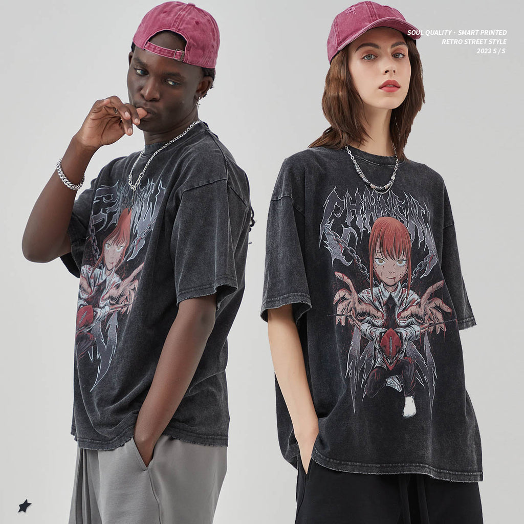 Anime Print Frayed Edge T-Shirt
