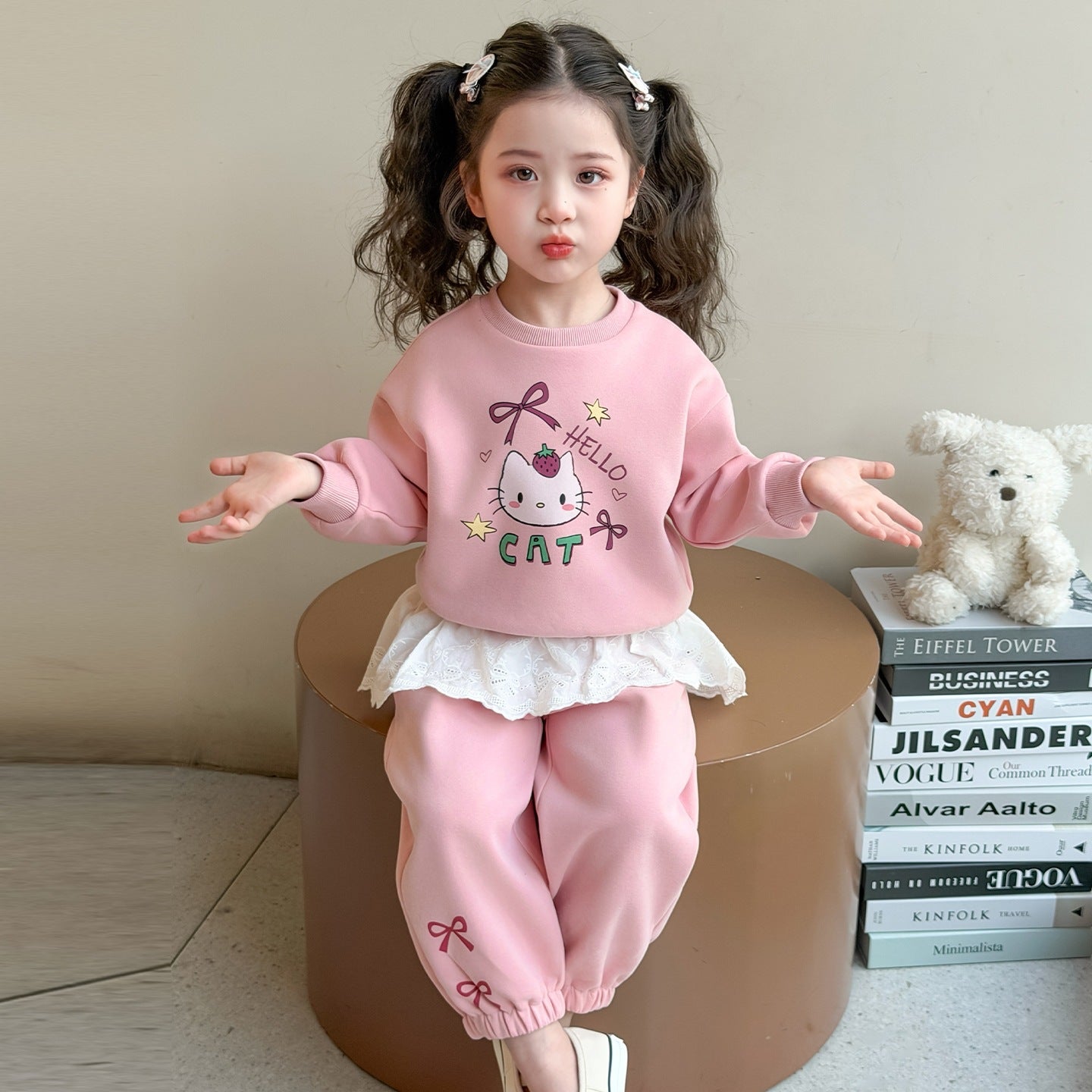 Girls'  with Cute Ruffled Skirt and Cartoon Hoodie Two-Piece Set