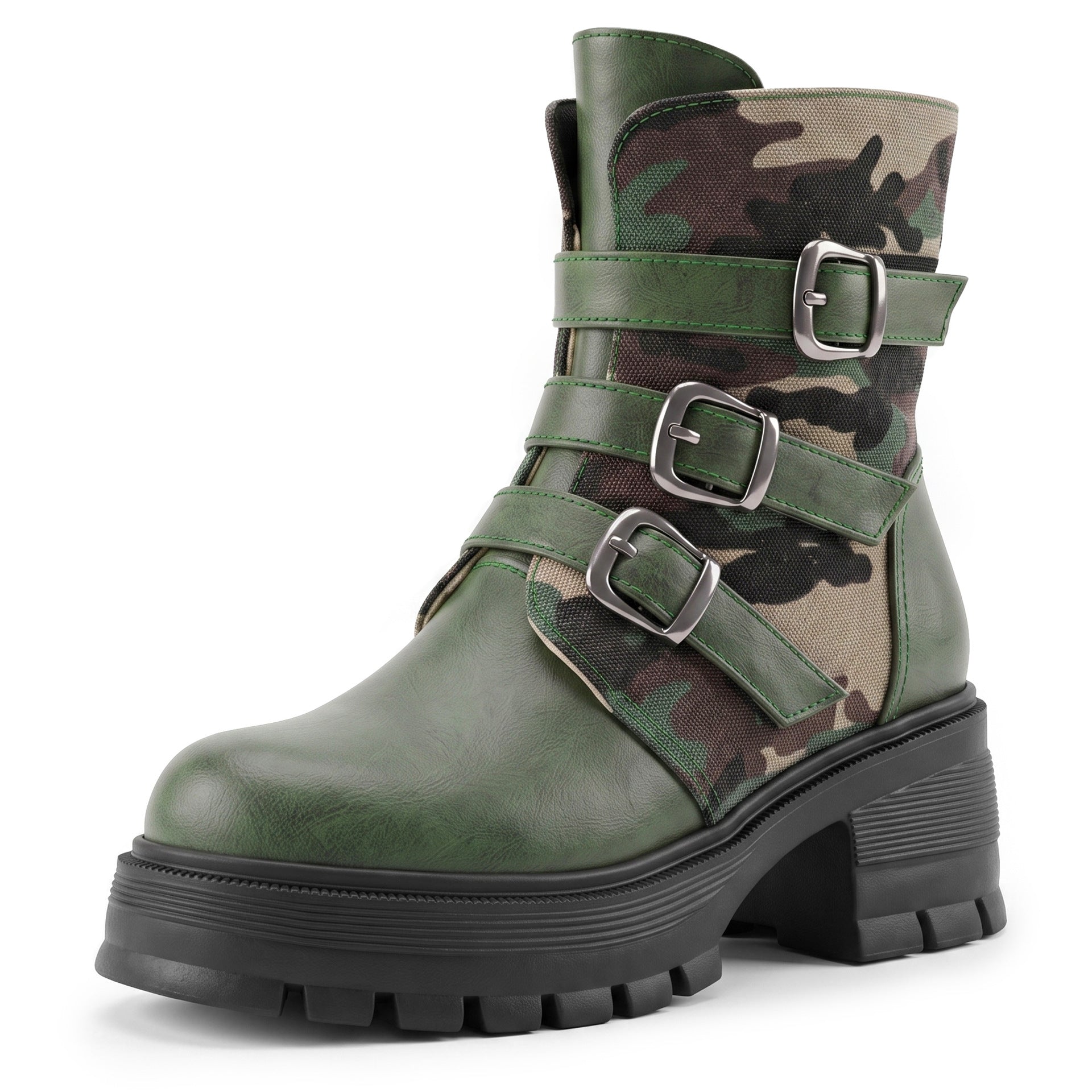 High Heel Thick Sole Belt Buckle Camouflage Low Cut Women's Boots Fashionable Large Made to order, ships in 7 days