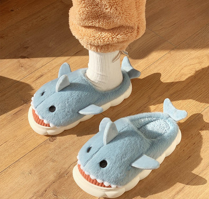 Cotton Slippers for Women Winter  Shark Cartoon Cute Fleece Lined Thick Anti-Slip Quiet Indoor Warm Cotton Shoes