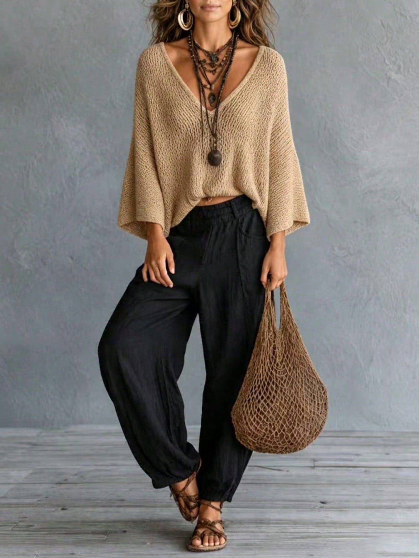 Retro Beach Hollow Knit Sweater Deep V Neck Drop Shoulder Batwing Sleeve Loose Slim Fit Solid Color Pullover Top