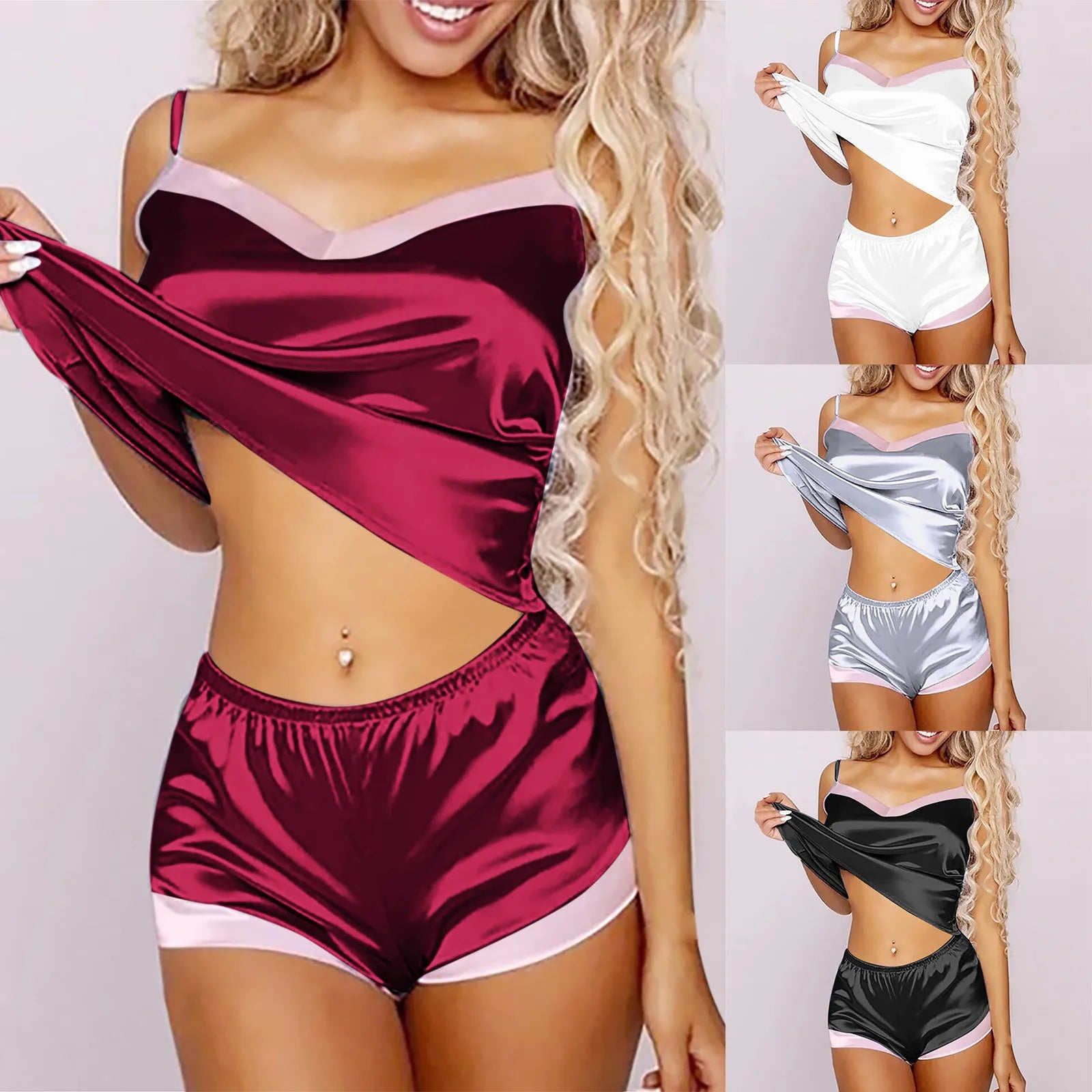 2024 Women's Pajama Sets V-Neck Stretch Satin Sexy Lingerie Sleepwear Home Wear Nightwear clothing